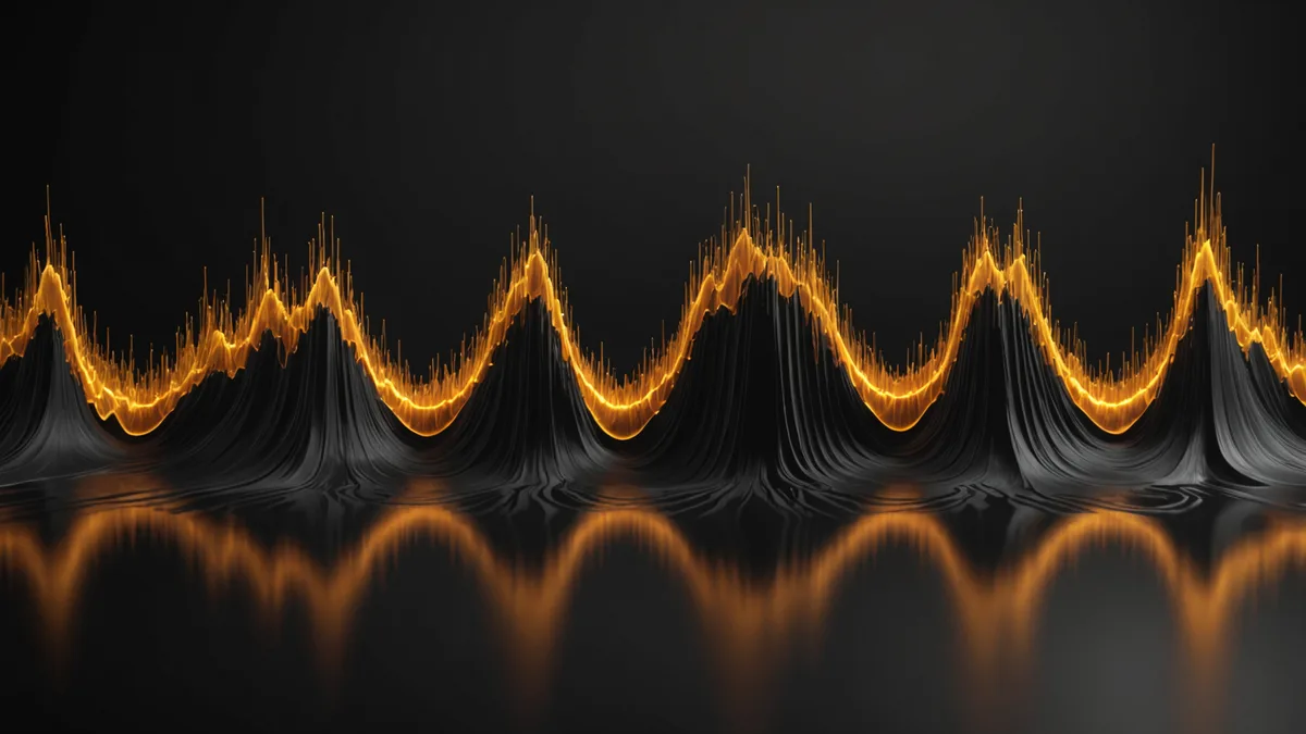 Abstract visualization of voice signal processing in warm amber tones on a dark background